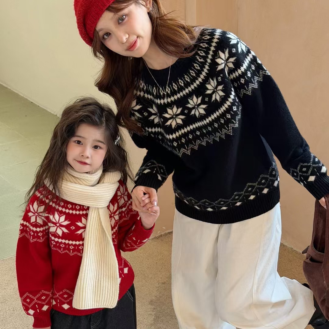Womens Fair Isle Knit Sweater Round-Neck Parent-Child Matching Outfit for sale on BNS