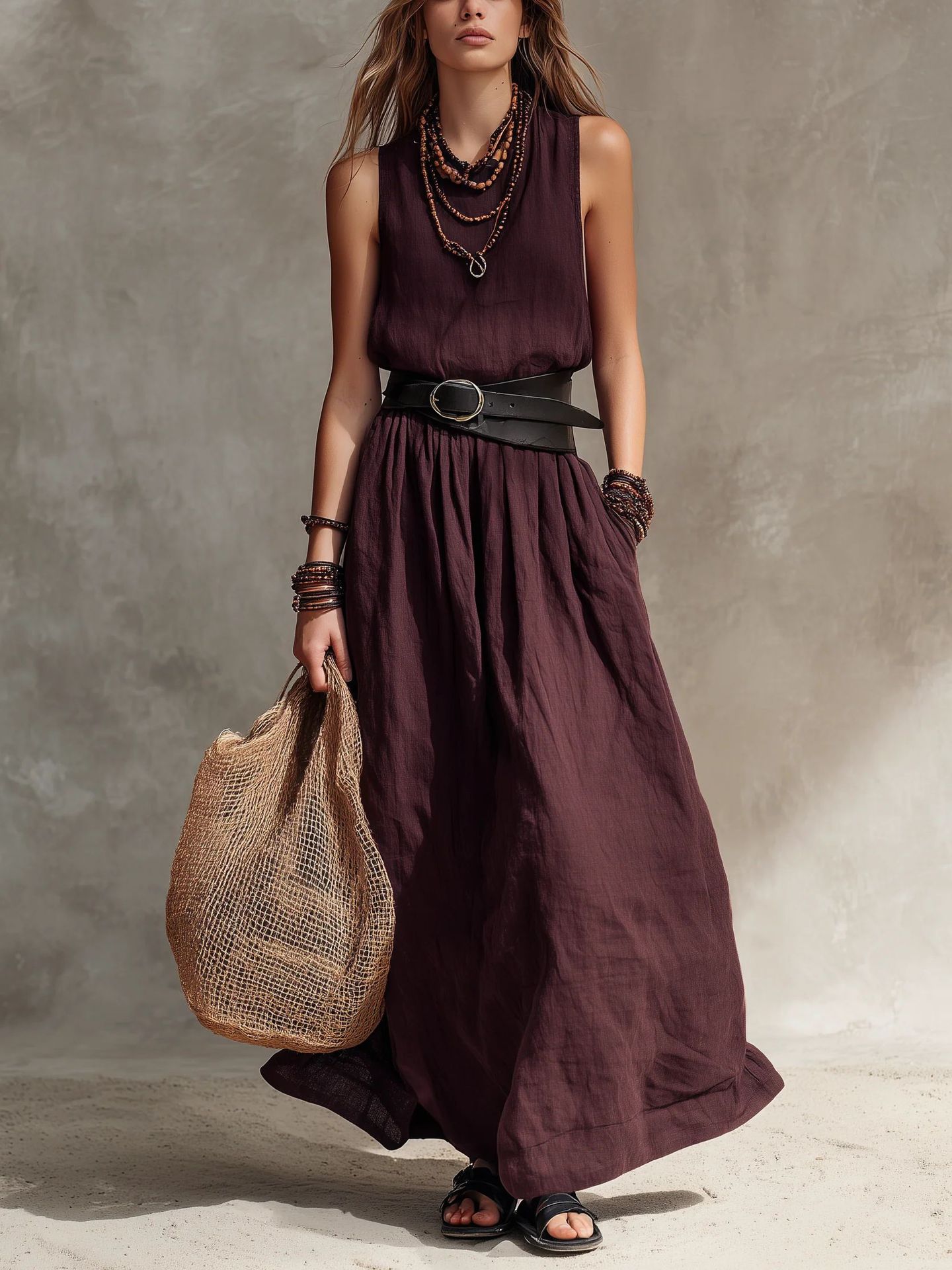 Women's Sleeveless Midi Dress – Brick Red colorway side view