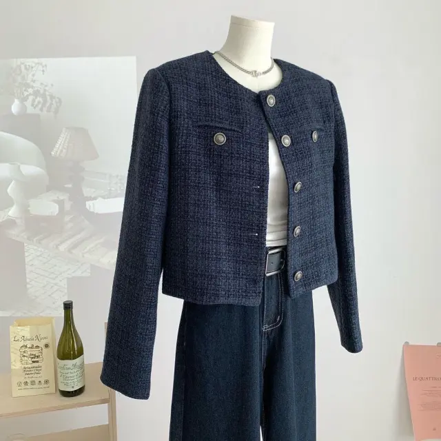 Women's Minimalist Coffee colored Chanel style French Short Jacket Blue - Shop at LoveMi