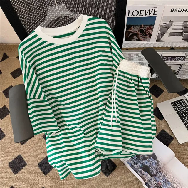 Plus Size Preppy Style Striped Casual Sportswear Set Green - Shop at LoveMi