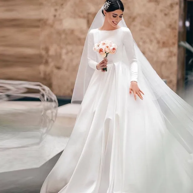 Wedding Dress Off shoulder Long Sleeve Simple Vintage Satin White 1 M Trailing - Shop at LoveMi