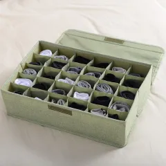 Foldable Washable Cotton Linen Underwear Storage Box - 30 Grid Green - View 1