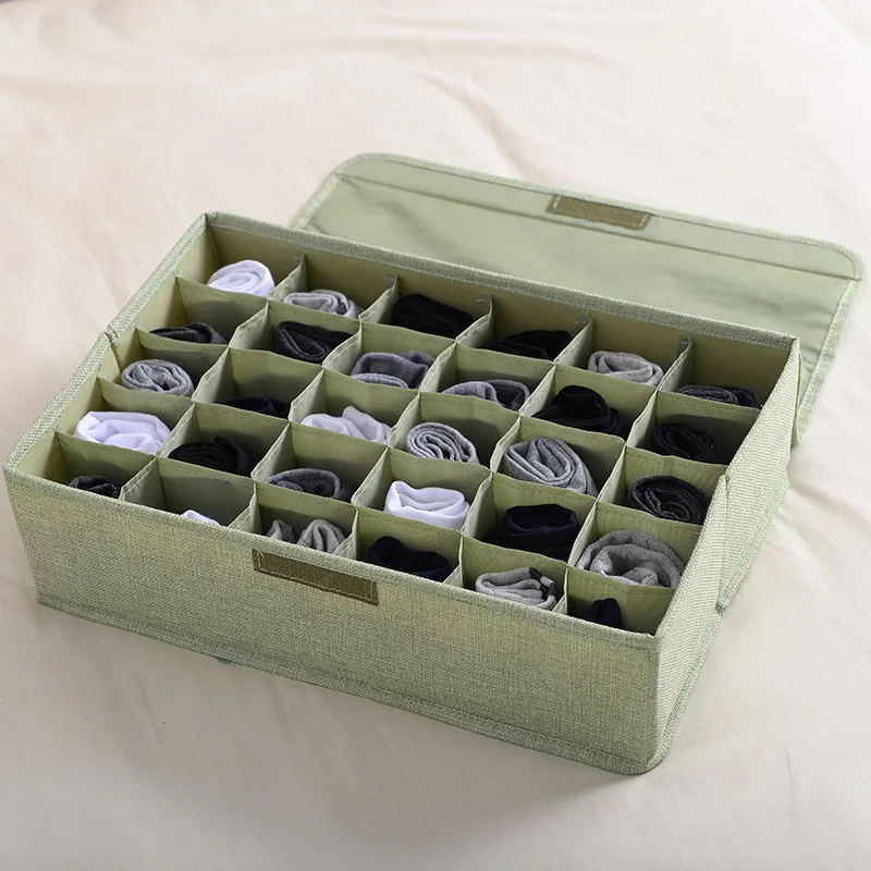 Foldable Washable Cotton Linen Underwear Storage Box - 30 Grid Green