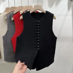 Knitted Vest Western Style Minimalist Sleeveless Button Top - Black - View 1