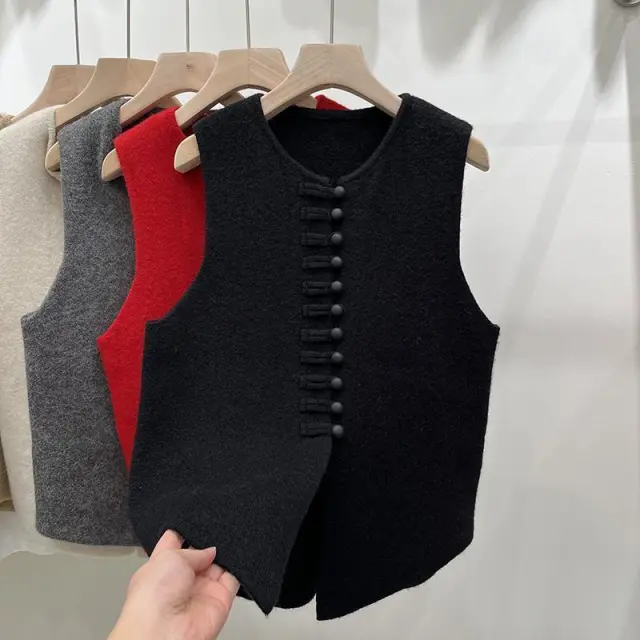 Knitted Vest Western Style Minimalist Sleeveless Button Top Black - Shop at LoveMi