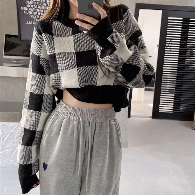Women's Sweet Leisure Versatile Lattice Short Sweater Black - Shop at LoveMi
