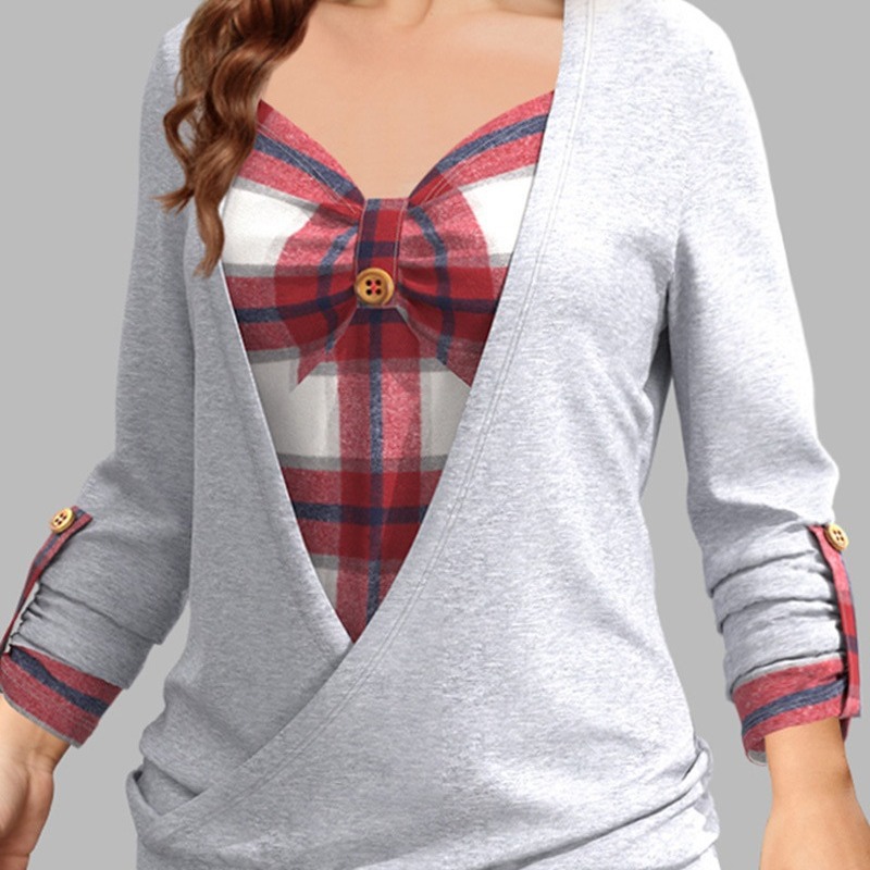 Plus Size Plaid Stitching Casual Long-sleeved Top