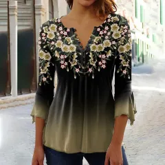 Fashion Flower Printed V-neck Three-quarter-length-sleeved T-shirt - Element 6-Xxl - View 1