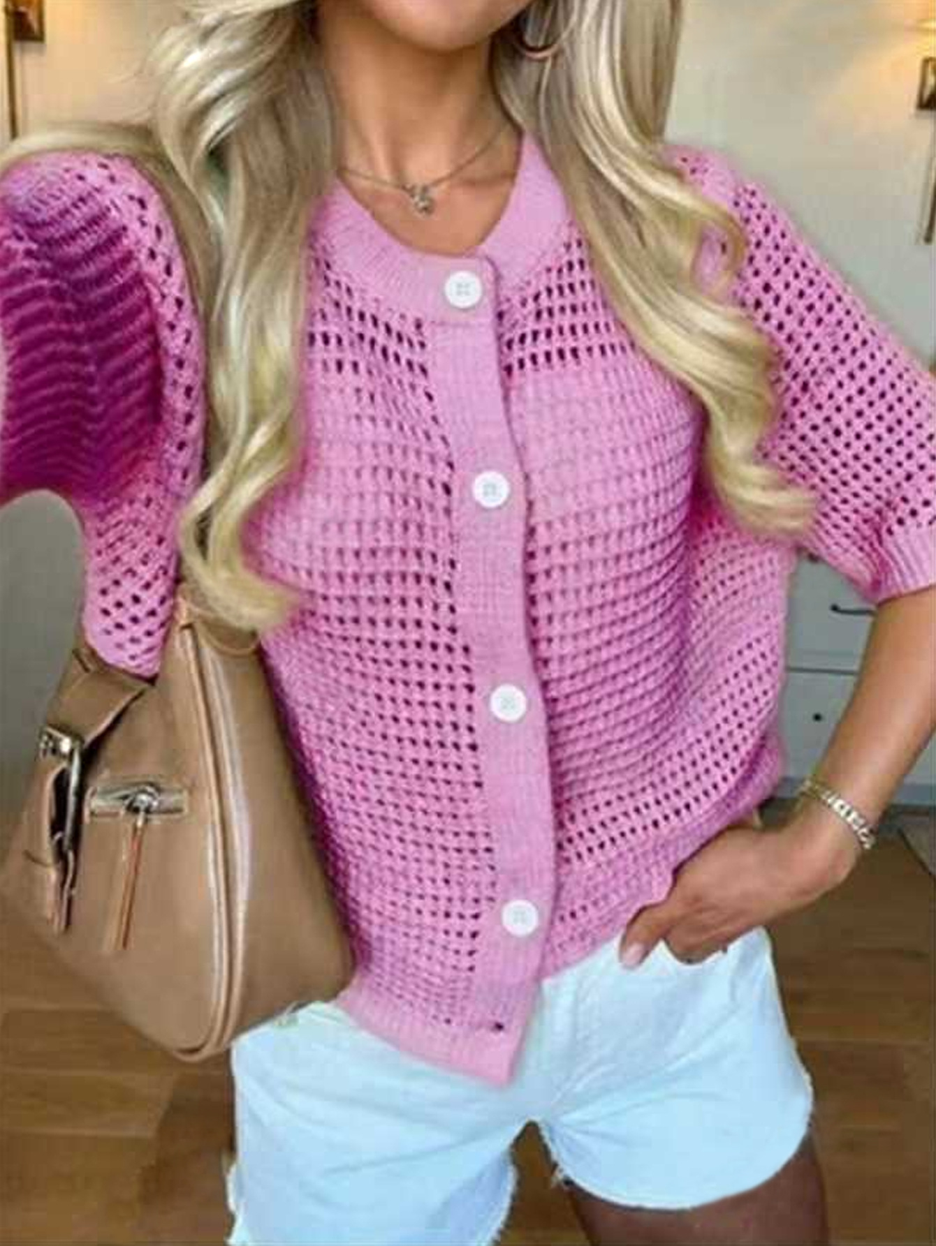 Women's hollow-out cardigan in green – short sleeve open front knit top