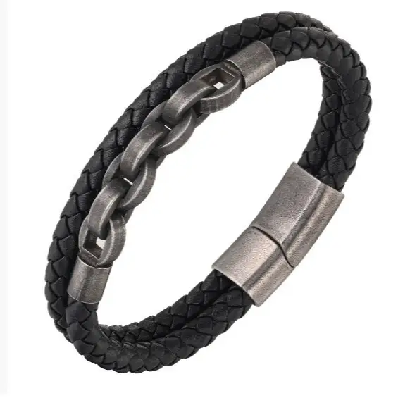 Creative Chain Mens Stainless Steel Leather Bracelet
