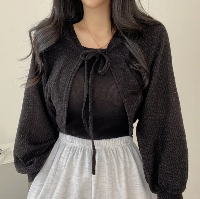 Retro Design Lace up Lantern Sleeve Short Thin Cardigan Jacket Women Black - Shop at LoveMi