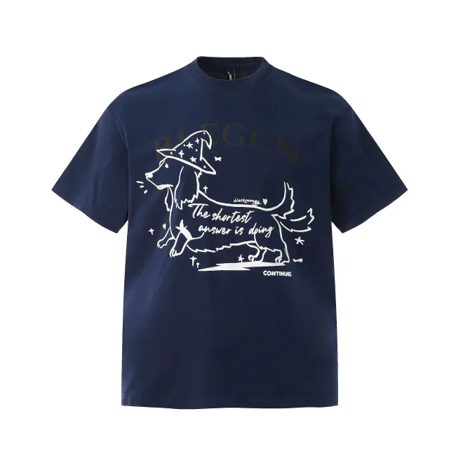 High Street American Cartoon Animal Letter Printed Round Neck Short Sleeve T shirt Navy Blue - Shop at LoveMi