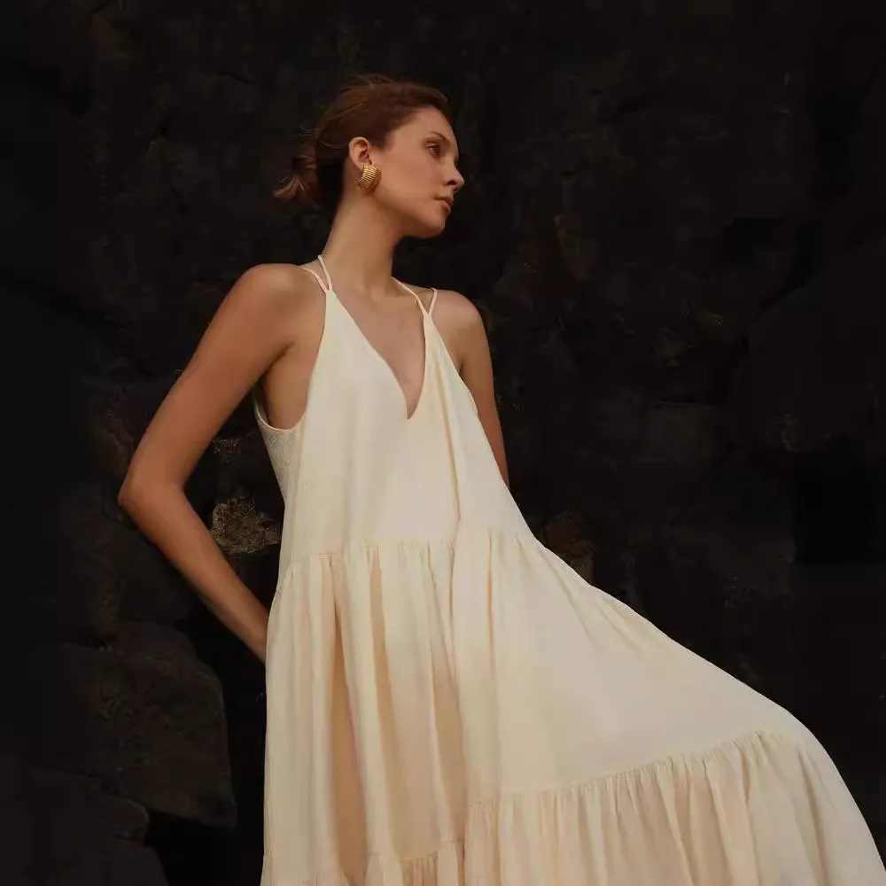 Women's Loose Solid Color Pleated Irregular Beach Vest Dress