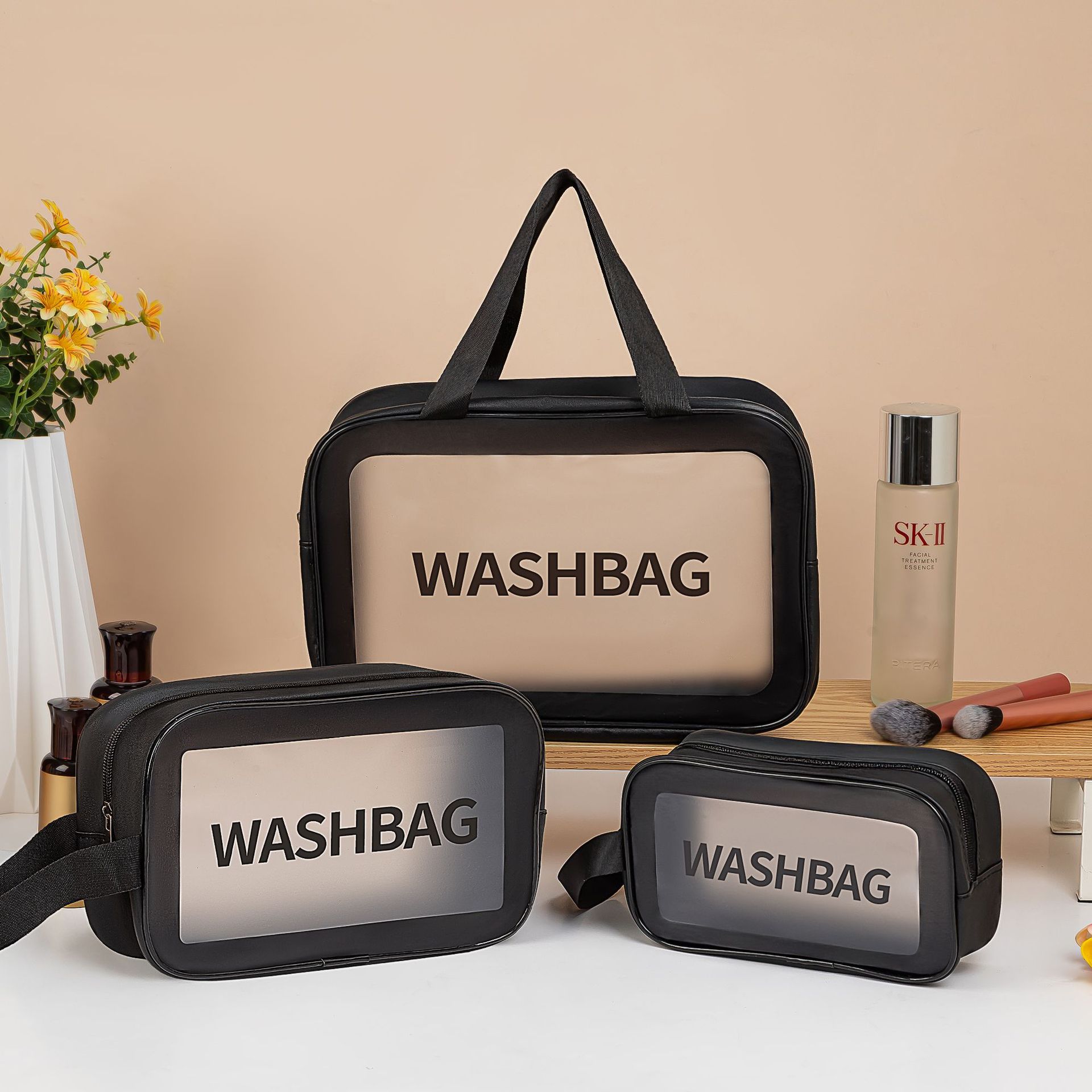 Large Pvc Transparent Cosmetic Bag Simple Storage Waterproof Wash Bag Black - Shop at LoveMi