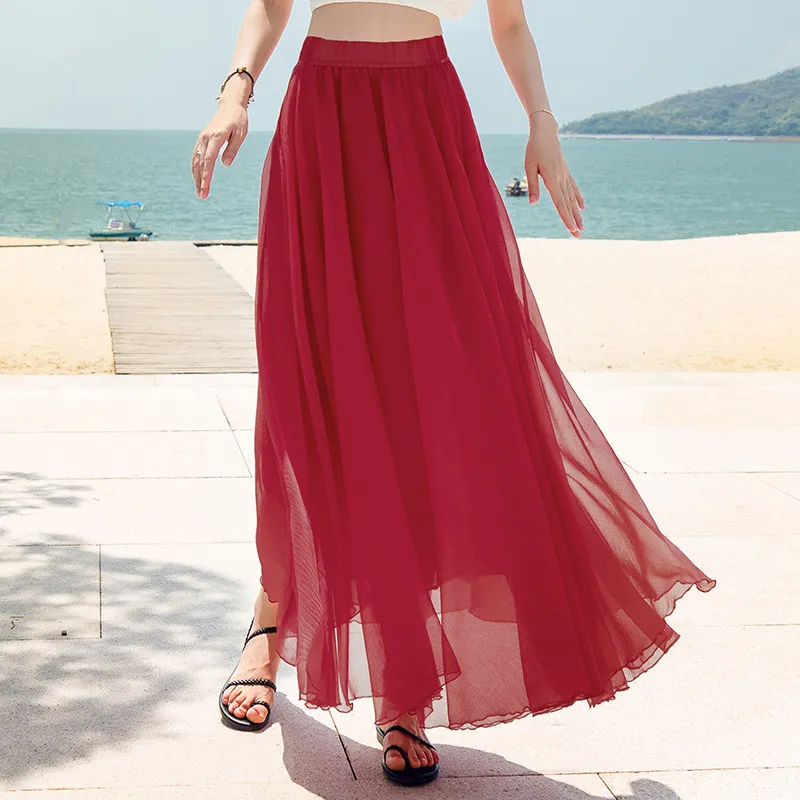 Chiffon Skirt Large Swing Skirt Vacation Beach Dress Fairy Dress - Wine Red