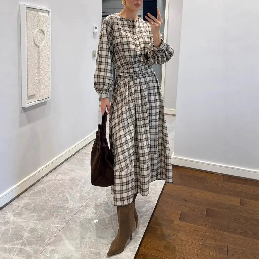 Plaid Digital Print Long-Sleeve Crew-Neck Dress