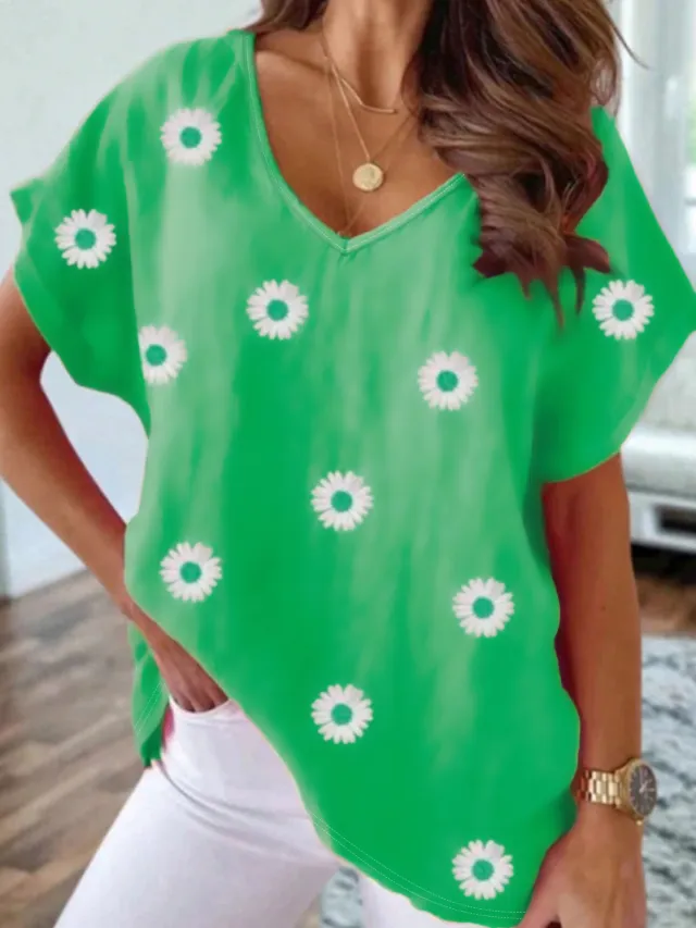 V neck Short Sleeve Fashion Flower Print T shirt Green - Shop at LoveMi