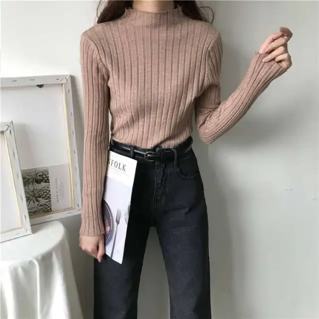 Sunken Stripe Half Turtleneck Bottoming Shirt Ladies Khaki - Shop at LoveMi