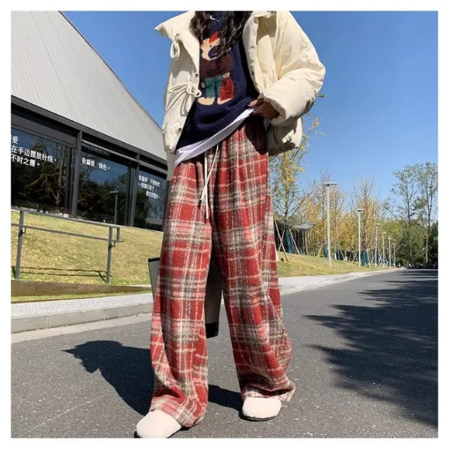 Women's Fleece lined Casual Woolen Plaid Pants Red - Shop at LoveMi