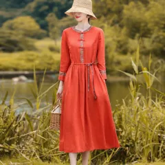 Vintage Artistic Long Sleeve Round Neck Cotton And Linen Dress Women's Lace-up Cinched Patchwork Midi Dress - Orange - View 1