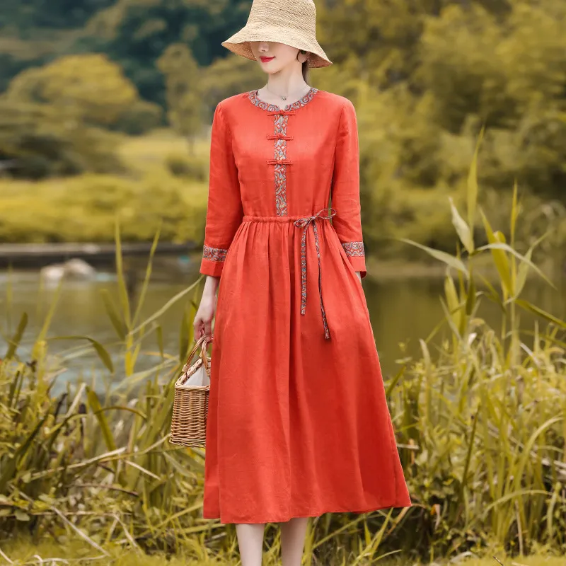 Vintage Artistic Long Sleeve Round Neck Cotton And Linen Dress Women's Lace-up Cinched Patchwork Midi Dress - Orange