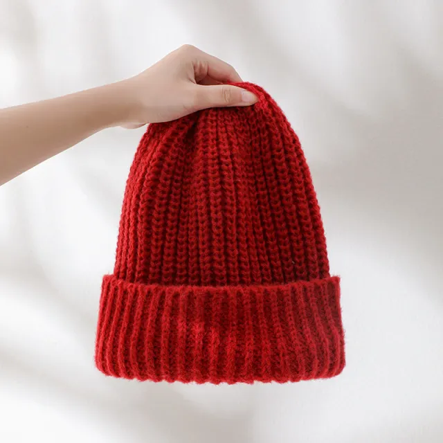 Small Knitted Ear Flap Cap Pile Pile Wine Red - Shop at LoveMi