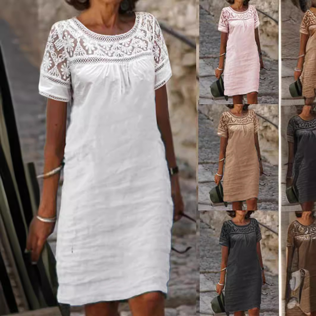 Casual Lace-Patchwork Crew-Neck Cotton-Linen Solid-Color Short-Sleeve Dress