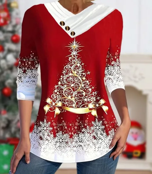 Christmas Snowman Printed V neck Long Sleeve T shirt Watermelon Red - Shop at LoveMi