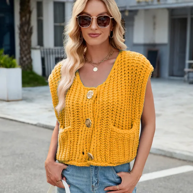 Women's V neck Three button Sleeveless Cardigan Turmeric - Shop at LoveMi