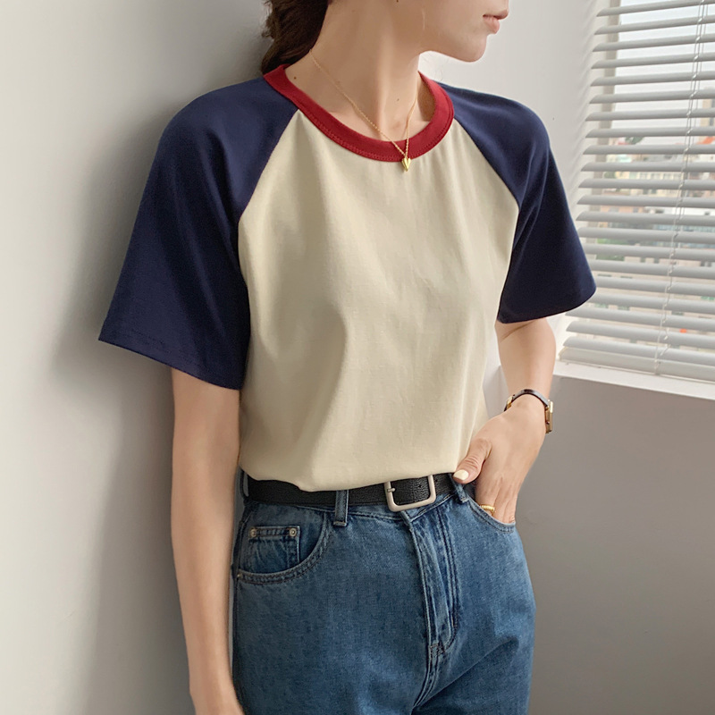 Retro Patchwork Contrast Color Round Neck Short Sleeve