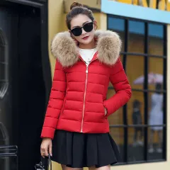 Women's Cotton-padded Coat Plus Size Short Fur Collar Slim Quilted Coat - Red - View 1