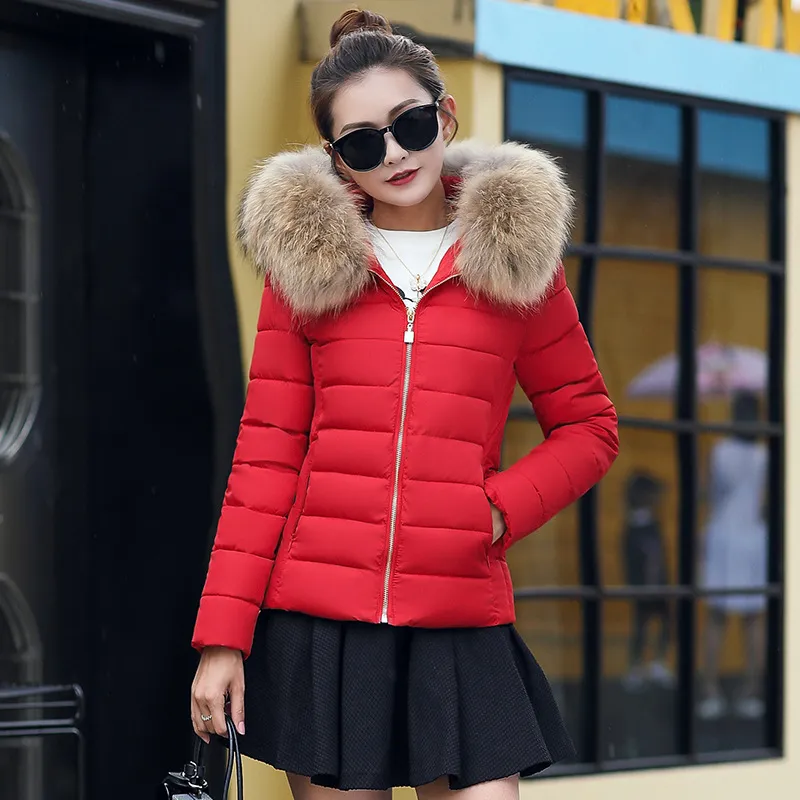 Women's Cotton-padded Coat Plus Size Short Fur Collar Slim Quilted Coat - Red