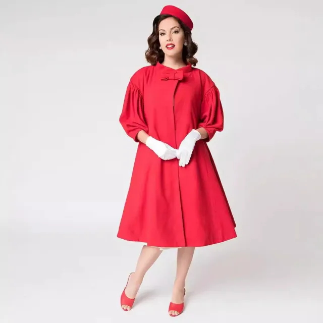 Ladies Bow Solid Color Woolen Long cut Coat Red - Shop at LoveMi