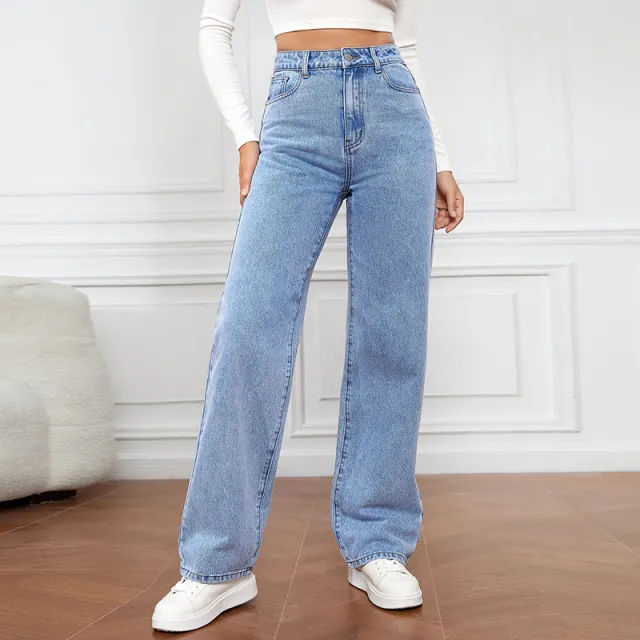 High Waist Straight leg Denim Trousers Women's Washed Light Color Light Blue - Shop at LoveMi