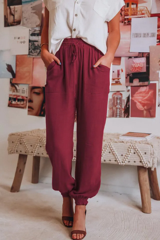 Women's Solid Color Casual Pants Wine Red - Shop at LoveMi