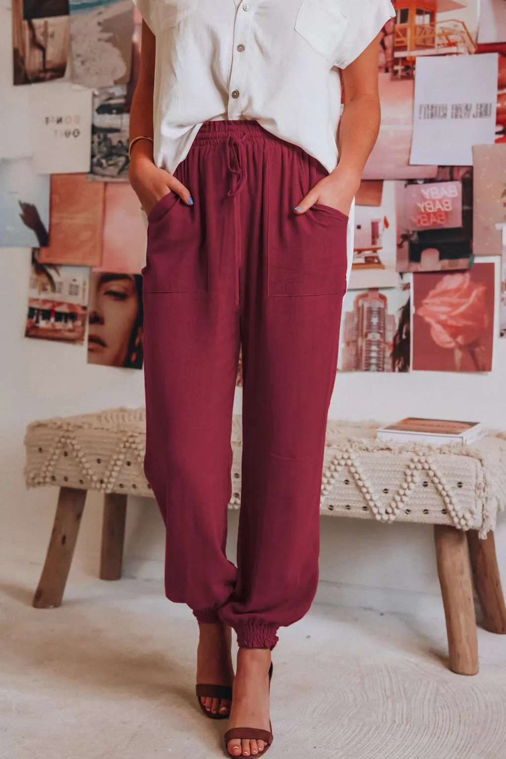 Women's Solid Color Casual Pants - Wine Red