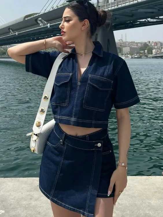 Summer V neck Short sleeved Top Summer Women's High Waist Irregular Dark Blue - Shop at LoveMi
