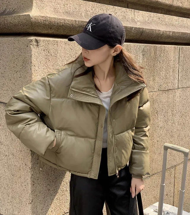 Short PU Leather Winter Coat Small Cotton Coat Cotton Jacket Olive Green - Shop at LoveMi