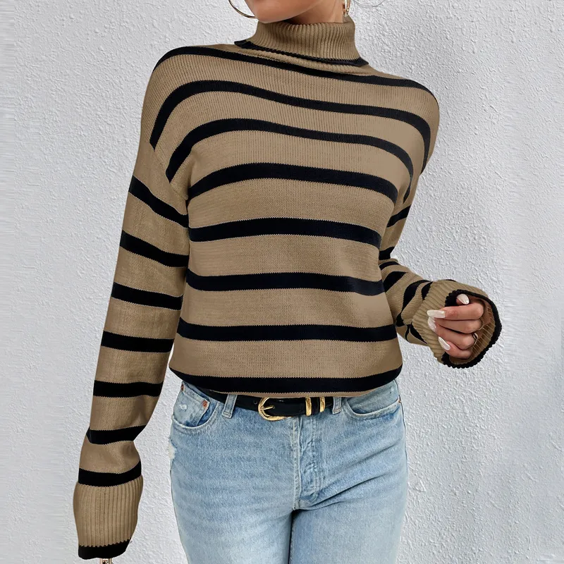 Women's Loose Contrast Color Striped Sweater Long-sleeved Top - Dark Brown Stripes