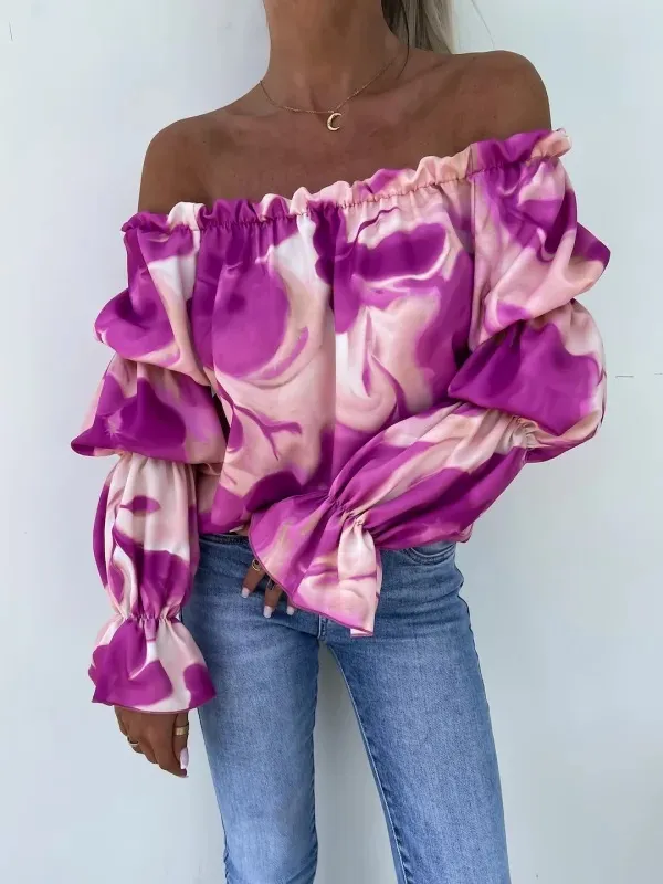 Elastic One Shoulder Lantern Lotus Leaf Sleeve Printed Shirt With Long Sleeves Purple - Shop at LoveMi