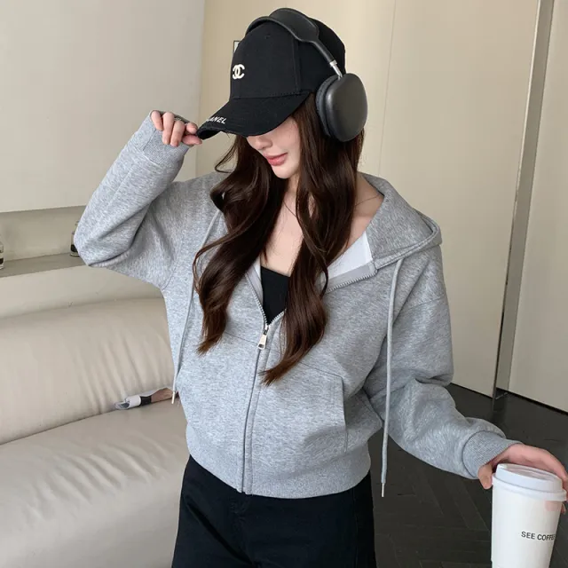 Hooded Zipper Short Sweater Coat For Women Spring And Autumn Gray - Shop at LoveMi
