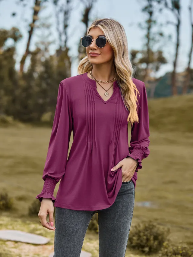 Women's Solid Color Striped Puff Sleeve V neck Smocking Long Sleeve Top Red - Shop at LoveMi