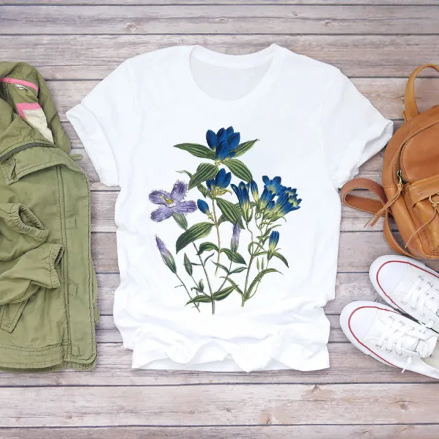 Top New Cactus Floral Print T shirt Loose Round Neck Short Sleeve T shirt White 2 - Shop at LoveMi