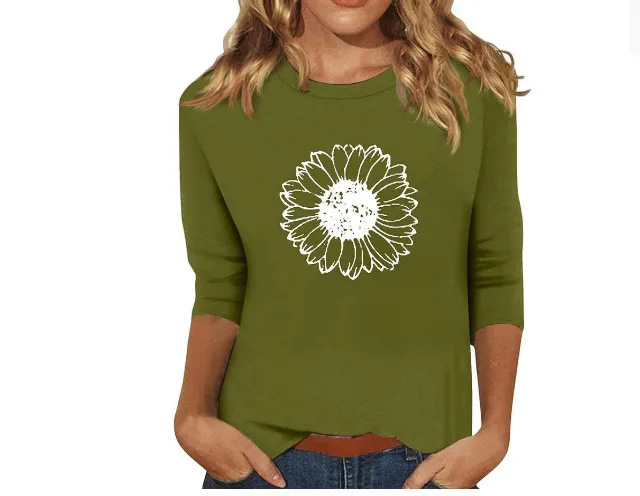 New Women's Clothing Round Neck 34 Sleeves Loose Print T shirt 0067 Style 3Xl - Shop at LoveMi
