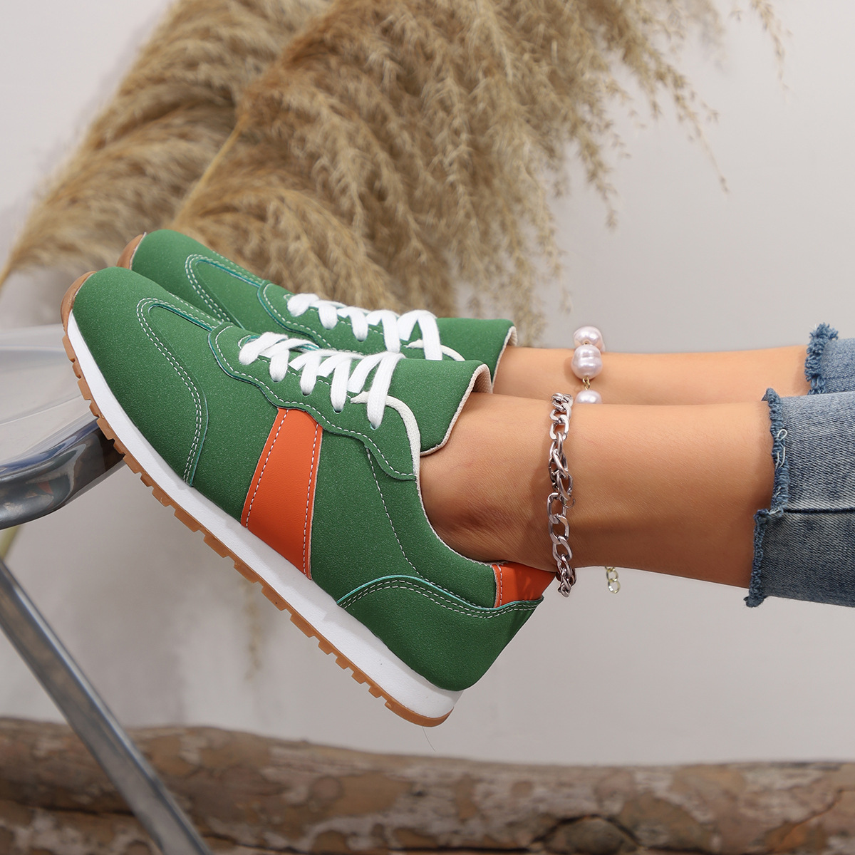 Women’s Round Toe Lace-Up Sneakers – Casual Thick Sole Height-Enhancing Shoes