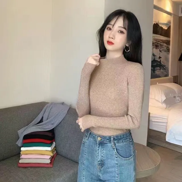 Autumn And Winter New Half Turtleneck Slim Fit Long Sleeve Inner Wear Knitwear For Women Khaki - Shop at LoveMi