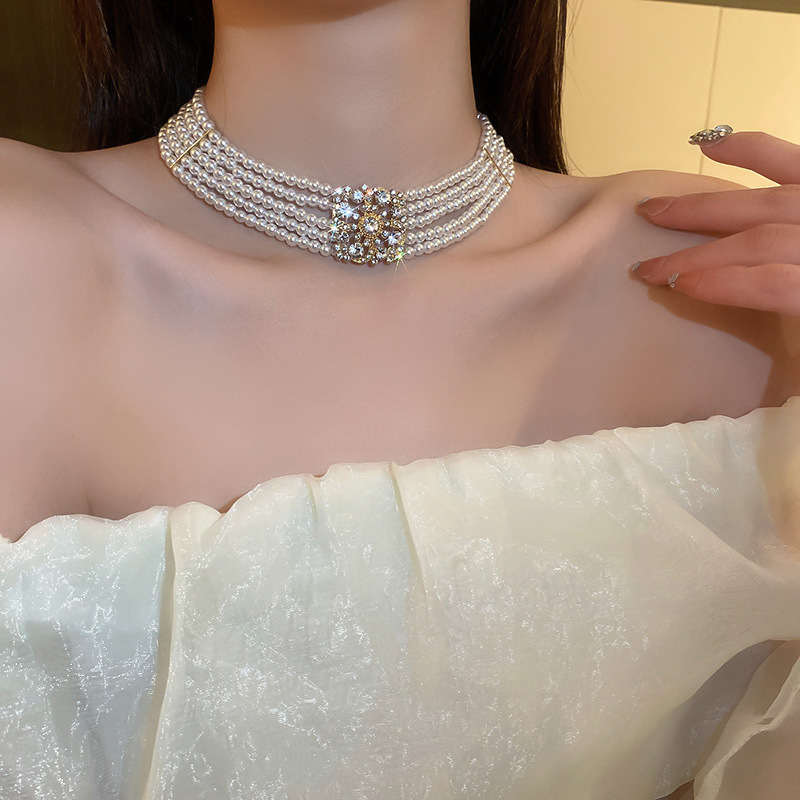 South Korea Diamond Studded Hollow Pearl Multi-layer Necklace Temperament