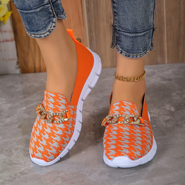 Casual Houndstooth Print Chain Mesh Shoes Summer Walking Sports Flat Shoes Women Breathable Loafers Red - Shop at LoveMi