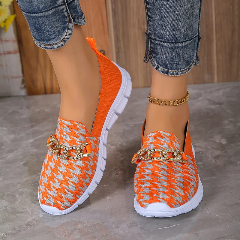 Casual Houndstooth Print Chain Mesh Shoes Summer Walking Sports Flat Shoes Women Breathable Loafers - Red