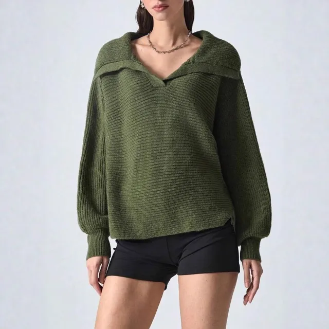 Elegant Polo Collar Solid Color Long Sleeve Knitted Pullover Sweater Green - Shop at LoveMi